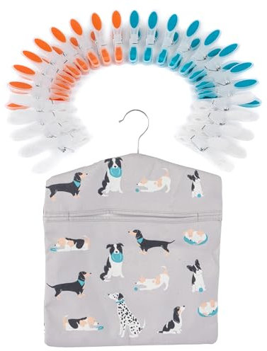 Beldray COMBO-9046 Peg Bag & Pegs – Dog Print Clothespin Storage Sack with Hanger, 24-Pack Durable Clothes Pegs, Rust & Moisture Resistant, Recycled Plastic, for Washing Line, Indoor/Outdoor