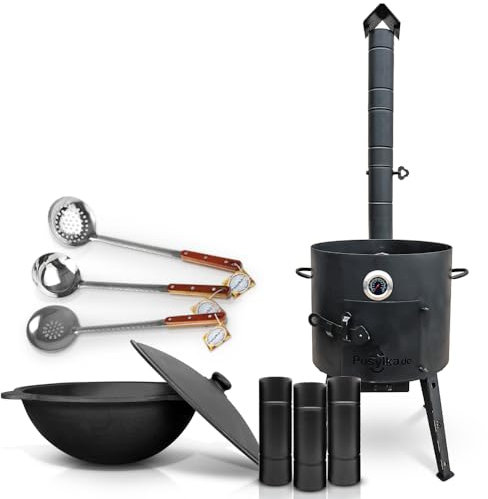 Utschak - Hornillo de fuego con tubo de horno extraíble, olla de hierro fundido con base redonda con tapa (16 L) KazanoFF, Учаг, kazan exterior, brasero, camping, kazán, cañón de goulash holandés (Set