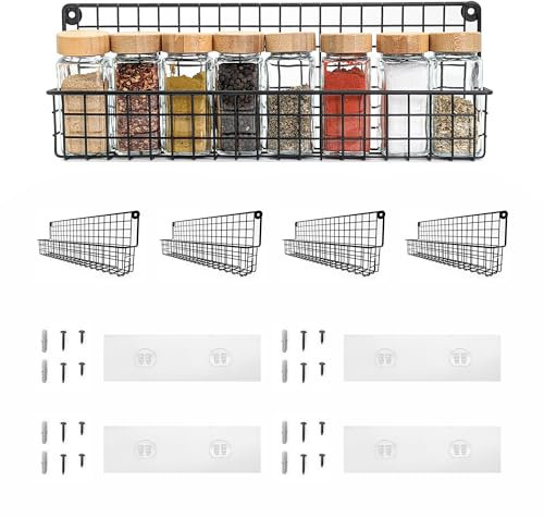 Kempt Wall Mounted Spice Rack for Inside Cupboard, Wall Mounted Kitchen Shelf, No Drill Metal Shelves, Self-Adhesive Fridge Storage, Cupboard Storage (4)