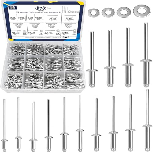 ZQZ 970Pcs Aluminum Pop Rivets with Washer Assortment Kit, 14 Sizes Silver Rivets with 3/32 1/8 5/32 3/16 Blind Rivets, Assorted Pop Rivets Set