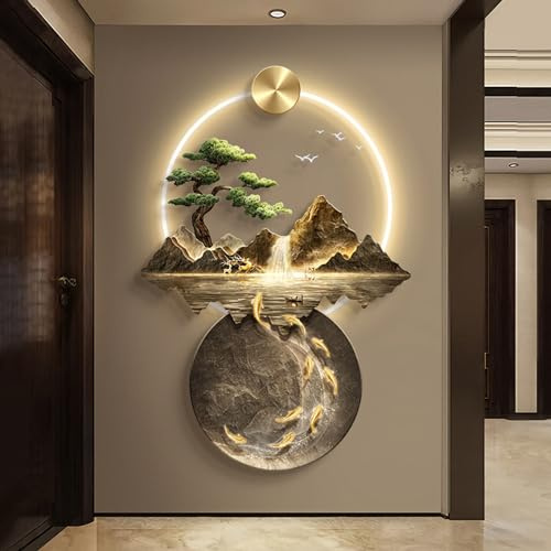 3D väggmålning vägghängande skulptur ， 3D väggmålning med ljus, metall väggmonterad skulptur, lyxiga berg vatten träd väggdekor, orientalisk dekor Landskap hängande målningar(A,90L x 60W cm)