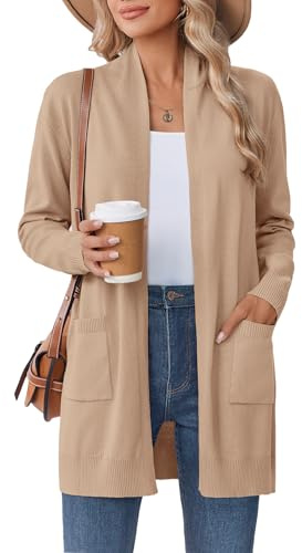 Zeagoo Women Lightweight Cardigans Sweaters Long Fashion Knit Duster Cardigan Pocket Fall Sweater Dressy Travel Office Coat Outfits Khaki