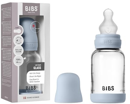 BIBS Baby Glass Bottle. 120ml. Anti-Colic. Vented Round Silicone Teat. Supports Natural Breastfeeding, Slow Flow, Complete Set - 120 ml, Baby Blue