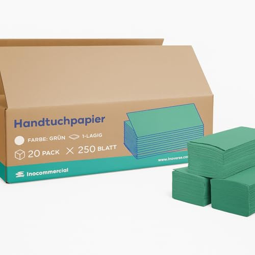 Inoverse 5000 Blatt Papierhandtücher - 25x23 cm ZZ-Falz - Grün, Falthandtücher, Paper Towels, Papiertücher für Spender, Einmalhandtücher, Handtuchpapier, (20 pc x 250 blatt)