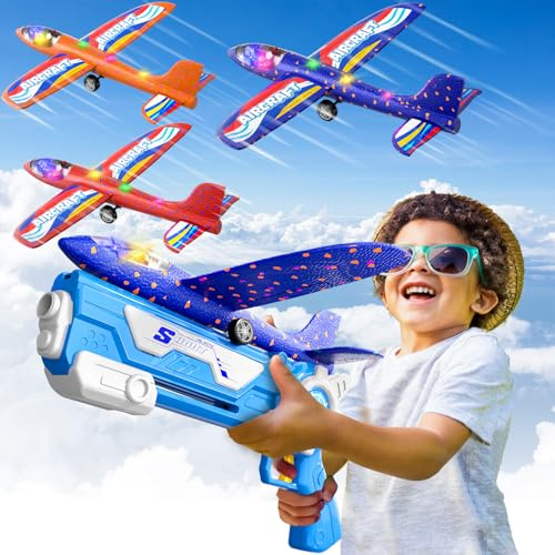 Doloowee Aeroplane Toy, 3 Glider Planes with Catapult, 2 flight mode, outdoor toys for kids 3+ Years, gift for boys girls 4 5 6 7 8 9 10 years old