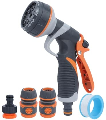 Itingy Hose Pipe Spray Gun, Garden Hose Nozzles 8 Adjustable Patterns, Leak-Proof Anti-Slip Garden Hose Gun with Hook and Adapters for Plants Watering, Car Washing, Home Cleaning and Pets Bathing