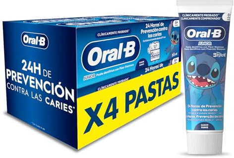 Oral-B Pro Junior Disney Stitch Pasta de Dientes para Niños, Pack Ahorro 4x75 ml - Dentífrico para Niños de 6 a 12 Años, Elimina La Placa y Previene Las Caries, Sabor a Menta Suave