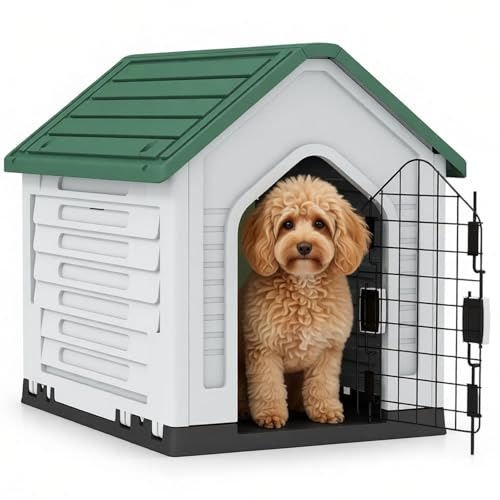 Maxmass Plastic Dog House, Weather-Resistant Pet Shelter with Metal Lockable Door, Slanted Roof, Air Vents, Indoor Outdoor Pet Kennel Dog Shelter Crate Pets House for Puppy Cat Rabbit (Green+White)