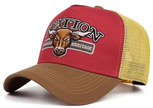 Boolavard Retro Station Heritage Trucker Hat - Vintage Western Bull Graphic Mesh Back Cap, High Profile Foam Front Snapback, Classic Gas Station Style Baseball Hat for Men and Women (Red)