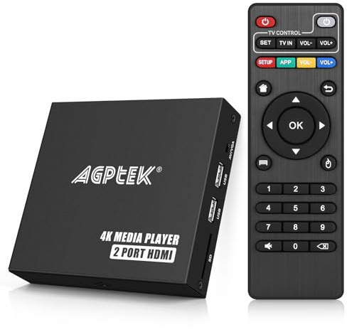 4K@30Hz Media Player with Dual HDMI, AV/VGA Output, 4K HDMI Splitter, Digital MP4 Player for 14TB HDD/512G USB/256G SD Card/H.265 MP4, Remote Control for MP3 AVI