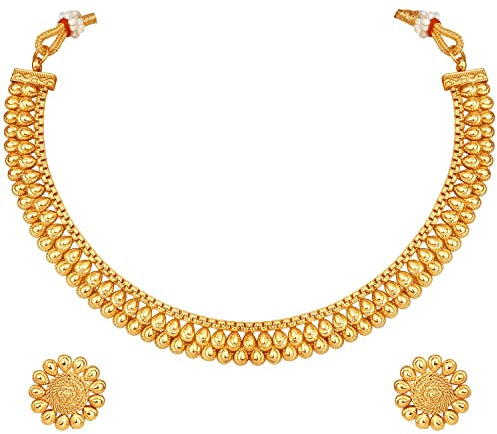 Aheli Indian Traditional Bollywood Gold Colored Necklace with Earrings Fashion Bharatanatyam jewellery set for Women