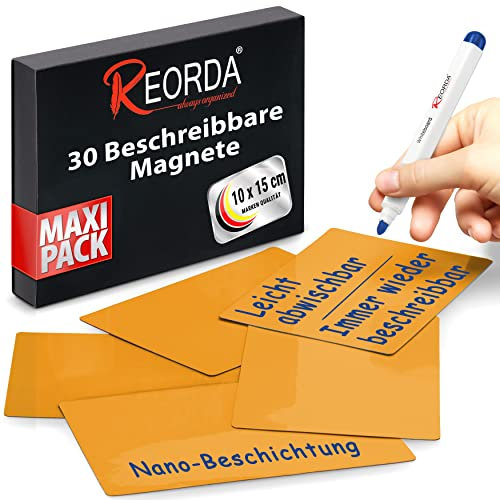 Reorda® Magnetstreifen beschreibbar - 30 Stück wiederbeschreibbar - 10 x 15cm (Orange) - Beschreibbare Magnete für Whiteboard, Kanban, Magnettafel oder als beschriftbare Magnete für den Kühlschrank