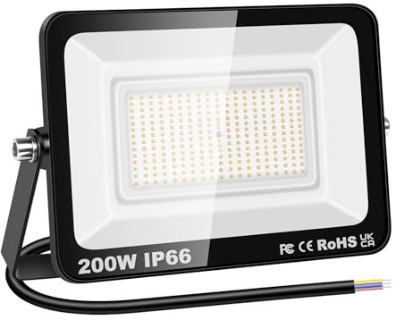 RIGIDON 1x 200W LED Strahler Außen, 20000LM Außenstrahler, 3000K Warmweiss IP66 Wasserdicht LED Fluter Scheinwerfer Flutlicht, Außenlampe für Garten, Innenhöfe, Garage, Hotel, Sportplatz, Werkstatt