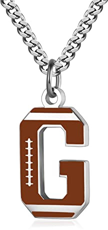 AIAINAGI Football Initial A-Z Letter Necklace for Men - Football Charm Pendant in Stainless Steel Silver Chain, 22inch Personalized Gift for Men(G)
