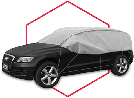 Autoabdeckung Halbgarage Wasserfest & Extrastark Atmungsaktive Autoplane Abdeckplane gegen Regen Schnee Wind UV-Strahlung Laub und Anderen Schmutz Autohülle, SUV L: 300-330cm / H: 85cm