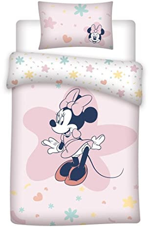 Aymax Minnie Mouse Baby Bedding Set, 100% Cotton, Duvet Cover 100 x 140 cm + Pillowcase 40 x 60 cm, Pink