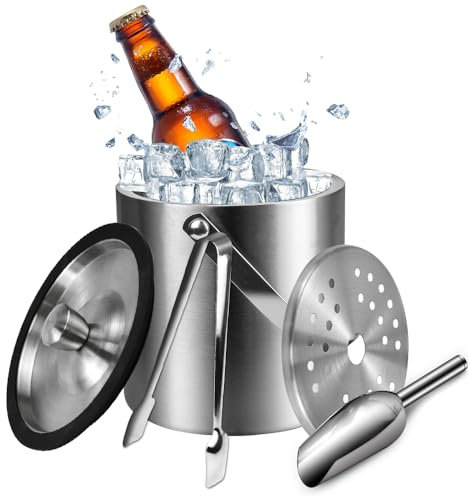 LPAMABA 2L/67OZ Eiskübel Edelstahl Eiseimer Champagner Kühler Eiskühler Sekt Eiswürfelkühler Doppelwandig Eisbehälter Isolier Eiswürfelbehälter Wein Bier Eiskübel mit Deckel Sieb Eiswürfelform