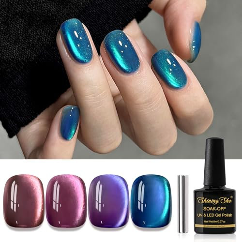 Shining She UV Nagellack CatEye, 4 Farben Holographisch Rosa Lila Blau Bunte Galaxie Magnet Cat Eye UV Gel Nagellack Soak-Off Uv nagellack Set für Nagelkunst Maniküre Salon, 8ML