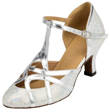 MGM-Joymod Damdansskor med T-remmar, stängt tåparti, glitter, syntetisk, kväll, bröllop, tango, balsal, modern, latinamerikansk, Glitter silver 6 cm klack, 42 EU