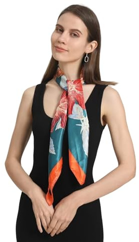 VelureLWJ 35 inch Like Silk Scarf for Women, Neck Scarf for Women, head scarf for women's hair, Red and Blue Flower, Luxuriously Soft and Silky Smooth Fashion Accessory