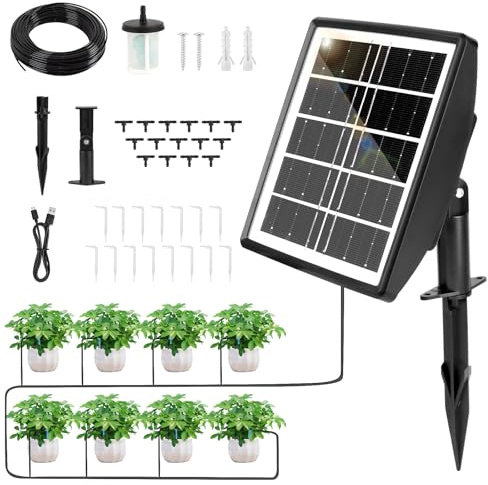 Sistema di Irrigazione Automatica a Energia Solare con Timer,Impianto per Giardino,Balcone (Senza Allaccio Idrico) & Piante in Vaso all'Aperto,Tubo 15m,Sensore Acqua,Perfetto per Vacanze & Autonomia
