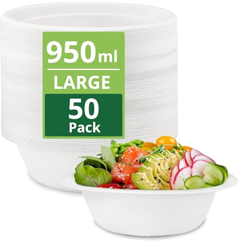 50 Pack Strong Paper Bowls – 950ml Large Disposable Compostable Bagasse Bowl for Party – (8.5 x 2.4 inches) Biodegradable Eco-Friendly Heavy-Duty Microwavable Soup Bowls – Dessert, Salad, Christmas