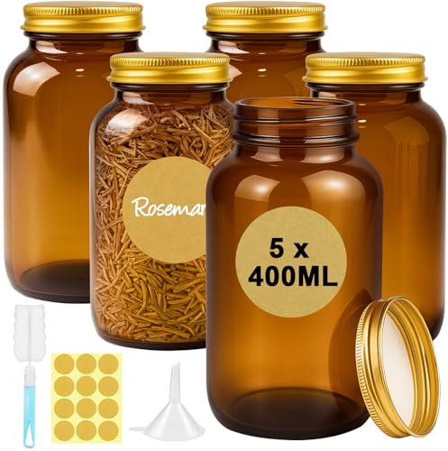 Ferenando 5 x 400ml Tarros de Vidrio Ámbar con Tapa de Aluminio, Tarros de Cristal con Tapas, Botes de Cocina para Almacenar Especias, Hierbas, Té, Café, Frutos Secos (Protección Antihumedad)