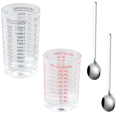 Aurafly 2 Piezas Taza Medidora de Vidrio con Escala Pequeños, Transparente Vasos de Chupito con Báscula Vaso Medidor de Cristal 2 Piezas de Cucharas para Cocina Bar Cócteles Whisky (90 ml y 120 ml)