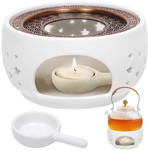 KOIROI Tekanna för tekanna, värmeljushållare och spismatta, tevärmare, tekannvärmare, vit, ihålig snidad design, lämplig för värmebevarande av te, kaffe och mjölk