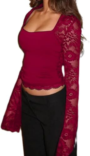Women's Lace Trim Square Neck T Shirt Y2K Long Bell Sleeve Slim Fit Basic Crop Tops Blouse Fairy Aesthetic Tee Shirts Streetwear (B-Red, S)