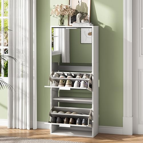 UEV Slim Mirror Shoe Cabinet with 3 Flip Drawers, Wall-Mounted Ventilated Storage Unit, Narrow Space-Saving Organizer for Small Hallways and Flats, White
