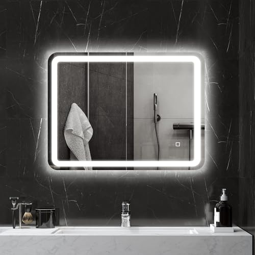 HOMCOM Specchio Bagno con Luce LED 60x80 cm, Specchio da Parete con 3 Colori Dimmerabile, Funzione Memoria, Antiappannamento, Interruttori Touch, in Vetro Temperato, IP44, Orizzontale/Verticale
