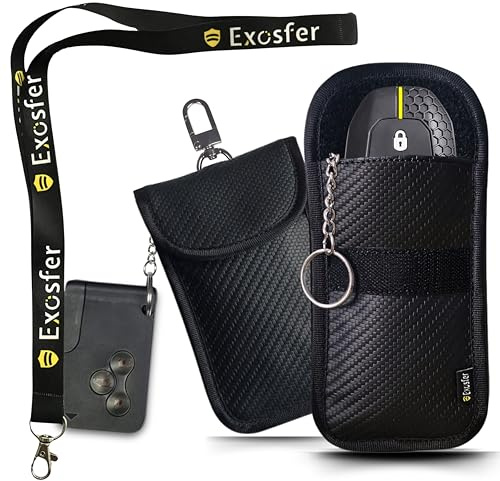 EXOSFER – Antirrobo Coche: Pack 2 Bolsas Faraday Carbone (1 Small + 1 Medium) + 1 Cordón para el Cuello (Lanyard) | Protección Llave Manos Libres, Telepeaje | Funda Antipirataje con Bloqueo RFID