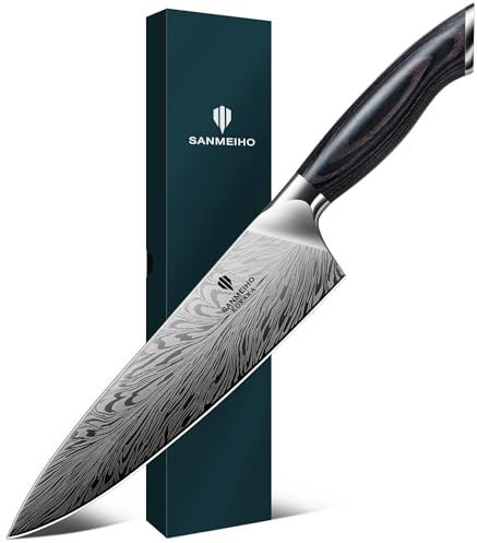 SANMEIHO Cuchillo de Chef de Acero en Polvo, 20cm de Cocina de Cocina Japonés, Cuchillo de Cocinero Profesional de Acero Duro, Cuchillo para Trinchar Ultra Afilado, Mango Ergonómico de Madera de Pakka
