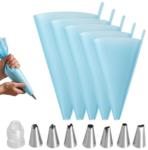 JYYWTSI Juego de 5 mangas pasteleras de silicona con 7 boquillas, de acero inoxidable, reutilizables, 5 tamaños de 12 a 18 pulgadas, accesorios de jeringa para tartas, cupcakes, decoración de tartas