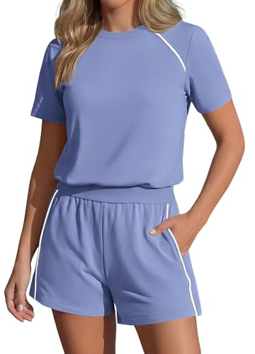 amropi Tuta Donna Completo Estiva 2 Pezzi da Jogging con Maglietta a Maniche Corte e Pantaloncini a Righe Sportiva Casual Lounge Set Blu,S