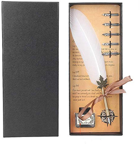 Fjäderpennas Set, Naturlig Fjäder Vintage Kalligrafi Pen Kit med Nibs Dip, Brevpapper Presentförpackning(Vit)