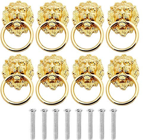 Yhuasia Testa Leone Pomello Mobili, 8 Pezzi Pomelli Maniglioni Testa Leone, Pomelli Cassetti Comò Testa Leone, con Viti, per Pomoli Porta Gioielli Portagioie Anello Cassetto Maniglia Maniglia (Oro)