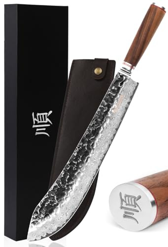 YOUSUNLONG Bull Nose Break-kniv 356 mm (14 tum) extra längd supervass hamrad VG10 Damaskus stål handtag i naturligt valnötsträ med läder