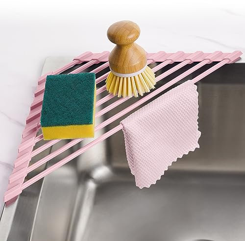 Tomorotec Kompaktes dreieckiges Abtropfgestell mit Silikonbeschichtung für Spülbeckenecke – Faltbarer Edelstahl-Überwaschbecken-Organizer und Aufbewahrungsregal (Rosa)
