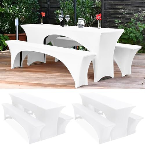 Zwei 3er-Set Biertischhussen 220 x 50 x 70 cm, hussen bierzeltgarnitur, weiß, Stretch-Bezüge für Biertisch- und Bankgarnituren, Bierbankhussen, Spandex-Bierzeltgarnitur für Bankett, Gartenmöbel-Bezüge
