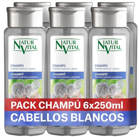 NaturVital - Pack 6 Champú Silver, Sin Parabenos, Natural, Cabello Blanco y Gris, Matizador de Canas Platino, Pigmento azul, para hombresy Mujer, 6x250ml