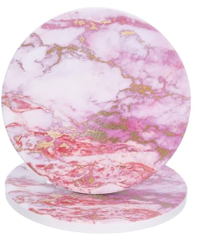 QUARKZMAN 2 st underlägg rund glasunderlägg med gyllene mönster rosa marmor med halkfri korkbaksida hem kontor 4 tum.