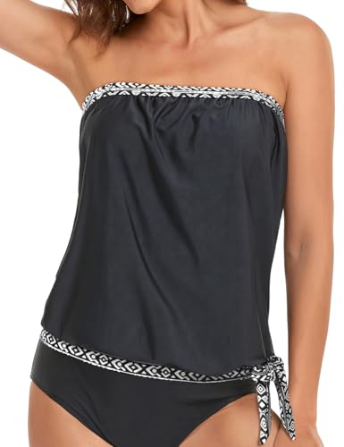 Holipick Black Geometric Strapless Tankini Tops for Women Swimwear Top ONLY Bandeau Bathing Suit Top Blouson Swimsuit Top No Bottom XXL
