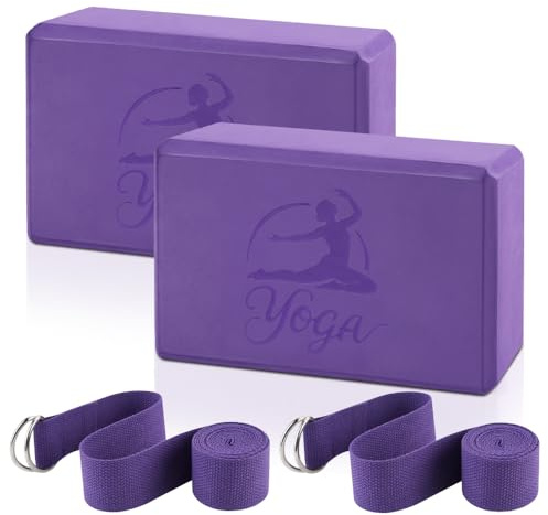 Juego de 2 bloques de yoga y 2 correas de yoga, bloques de espuma EVA antideslizantes, bloques de yoga de alta densidad con correa de 6 pies, accesorios de bloque de yoga sin látex para pilates (lila
