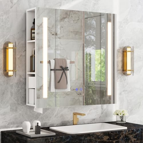 YU YUSING Specchio Contenitore Bagno con Ripiano Regolabile 70x16x70cm, Mobile Specchio Bagno, Mobiletto Bagno con Specchiara a LED, Mobile Bagno Sospeso, 3 Modalità, Dimmerabili, Antiappannamento