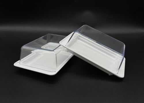 2 Stück Butterdose im Set, Kühlschrankbutterdose Butterglocke Butterschale mit Deckel Plastikgeschirr, aus Kunststoff, Deckel glasklar, Weiß / Transparent