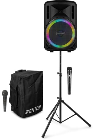 Fenton FT12LED MK2 Portable PA System with Stand, Cover, Wireless & Wired Mic – Battery Powered Bluetooth Speaker for Karaoke, Parties & Events – LED Lights, 12 Woofer
