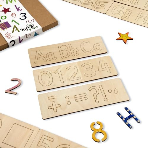 NAKLEO Stencil da Disegno in Legno per Bambini, Set da 15 pezzi 19x6.5cm Alfabeto e Numeri, Montessori Modelli Gioco Educativo Creativo DIY Decorazioni Arte e Artigianato, Carta Muro Legno Tessuto