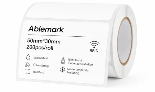 Ablemark Etiquetas RFID de 50 x 30 mm, 200 unidades por rollo, etiquetas RFID autoadhesivas, etiquetas térmicas para gestión de almacenes, inventario, envío y logística, compatibles con M60